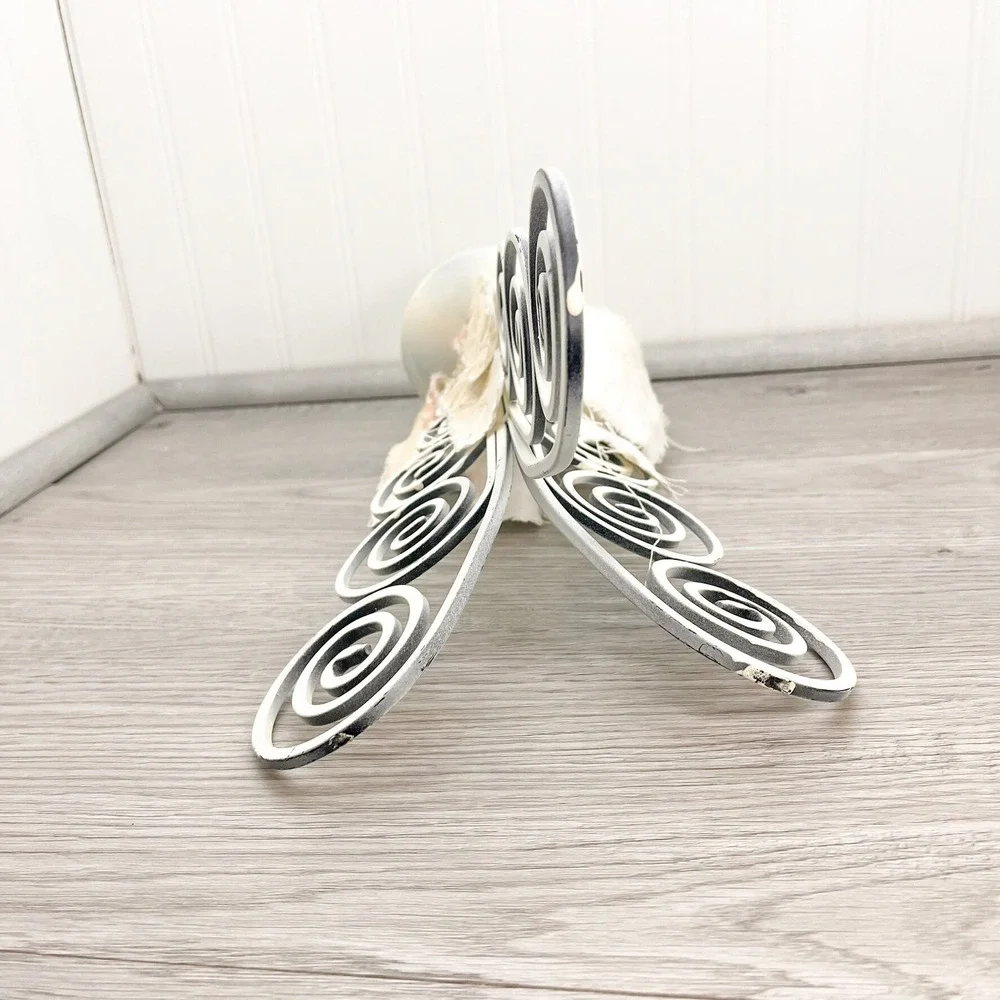 Vintage Shabby Chic Candle Holder: Weathered White Iron, Floral Burlap